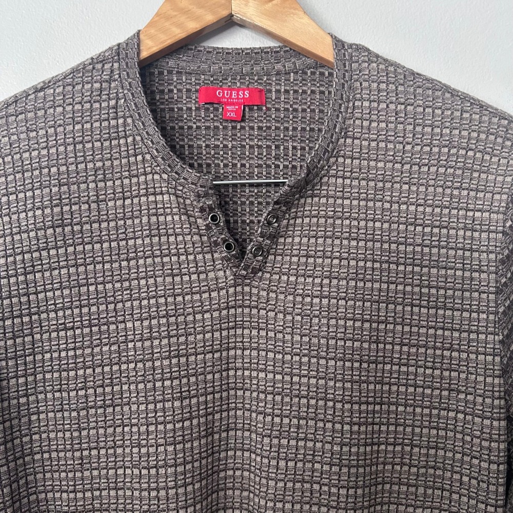 Guess Henley Shirt Mens XXL Brown Waffle Knit Textured Long Sleeve Casual
